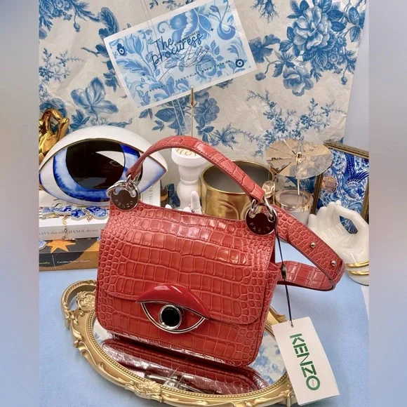 🆕 KENZO 🧿 NWT Medium Tali Croc Embossed Eye Motif Bag, Red - Picture 2 of 16
